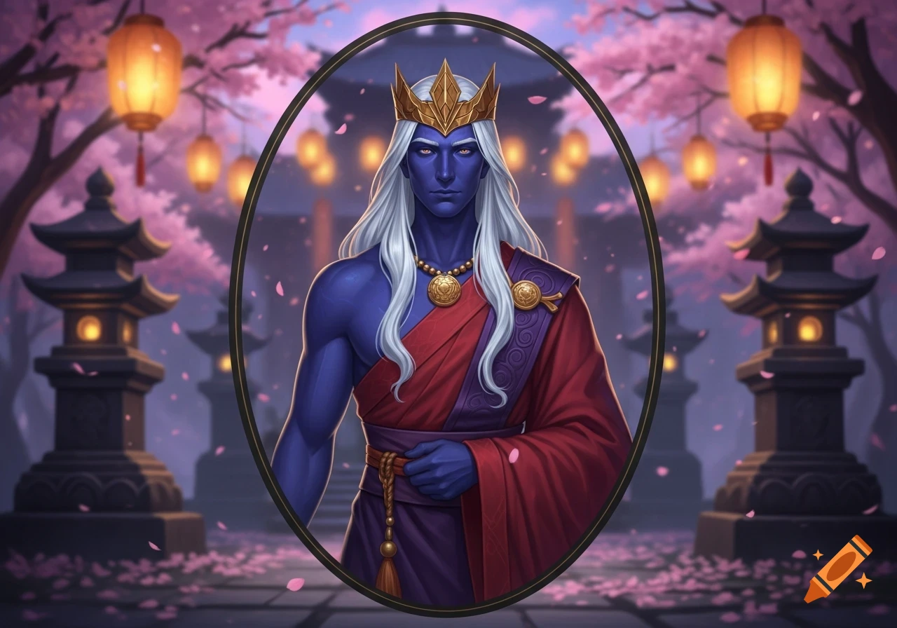 A blue-skinned man with long white hair, a gold crown, and red robes in a cherry blossom garden with glowing lanterns and pagodas.