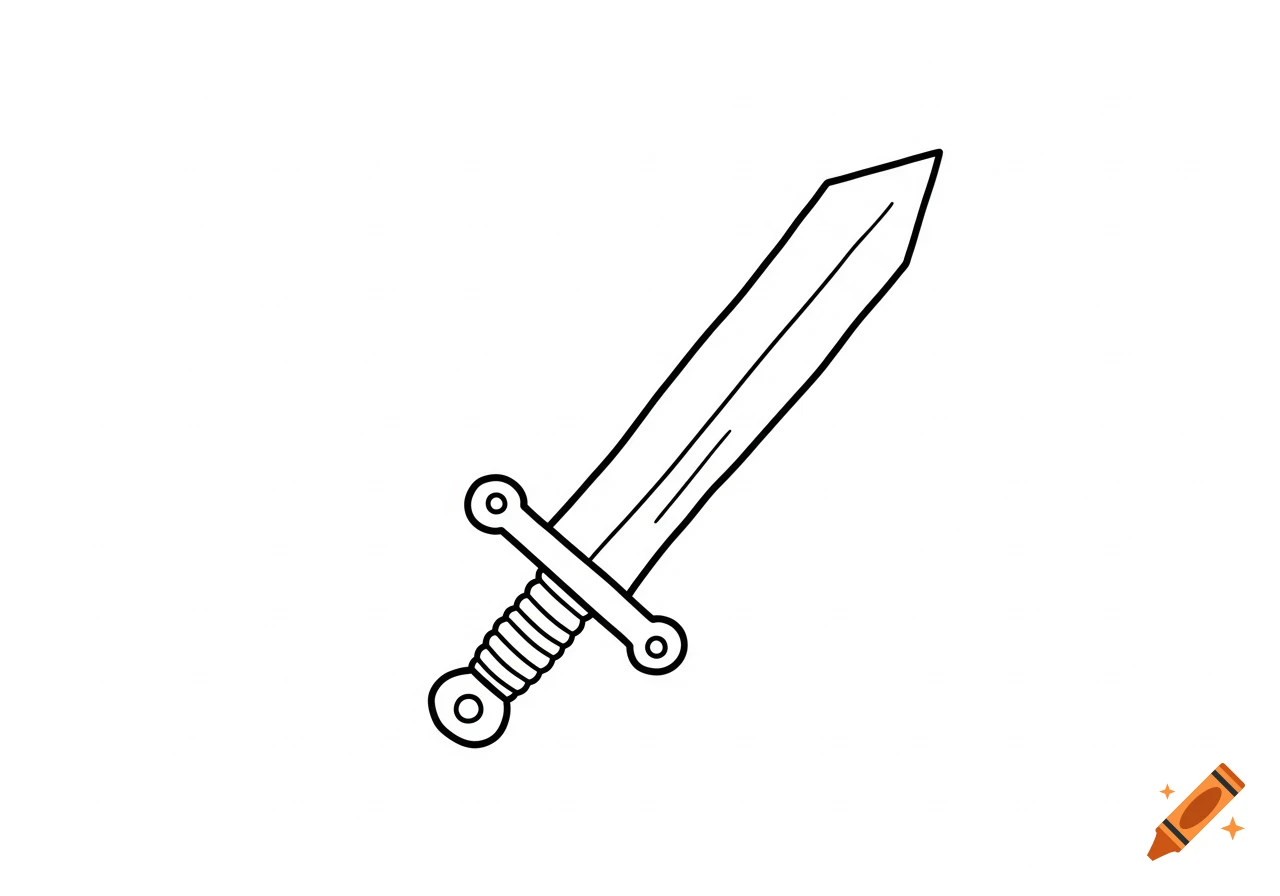 A simple black outline drawing of a children's sword on a white background.