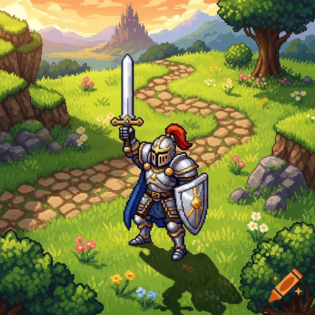 Pixel art knight in shining armor, sword raised, shield held, on a path ...
