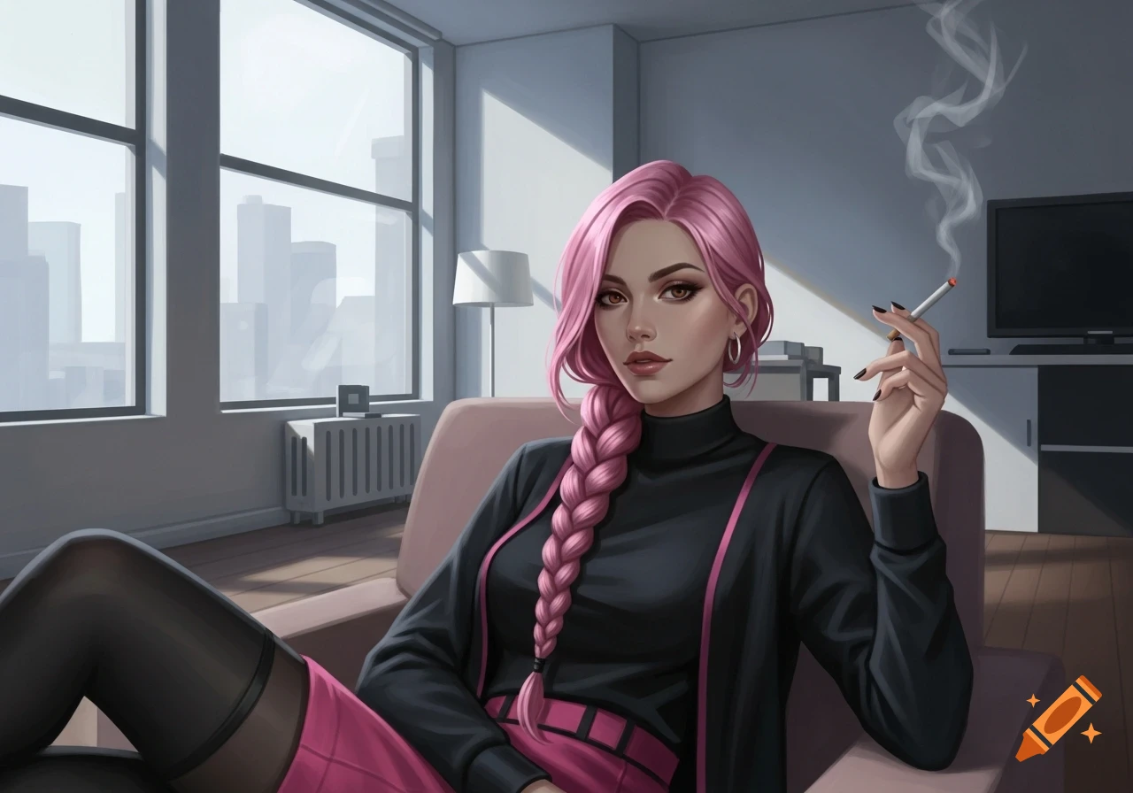 A woman with pink braided hair, wearing black and pink clothes, sits in an apartment holding a lit cigarette, digital art.