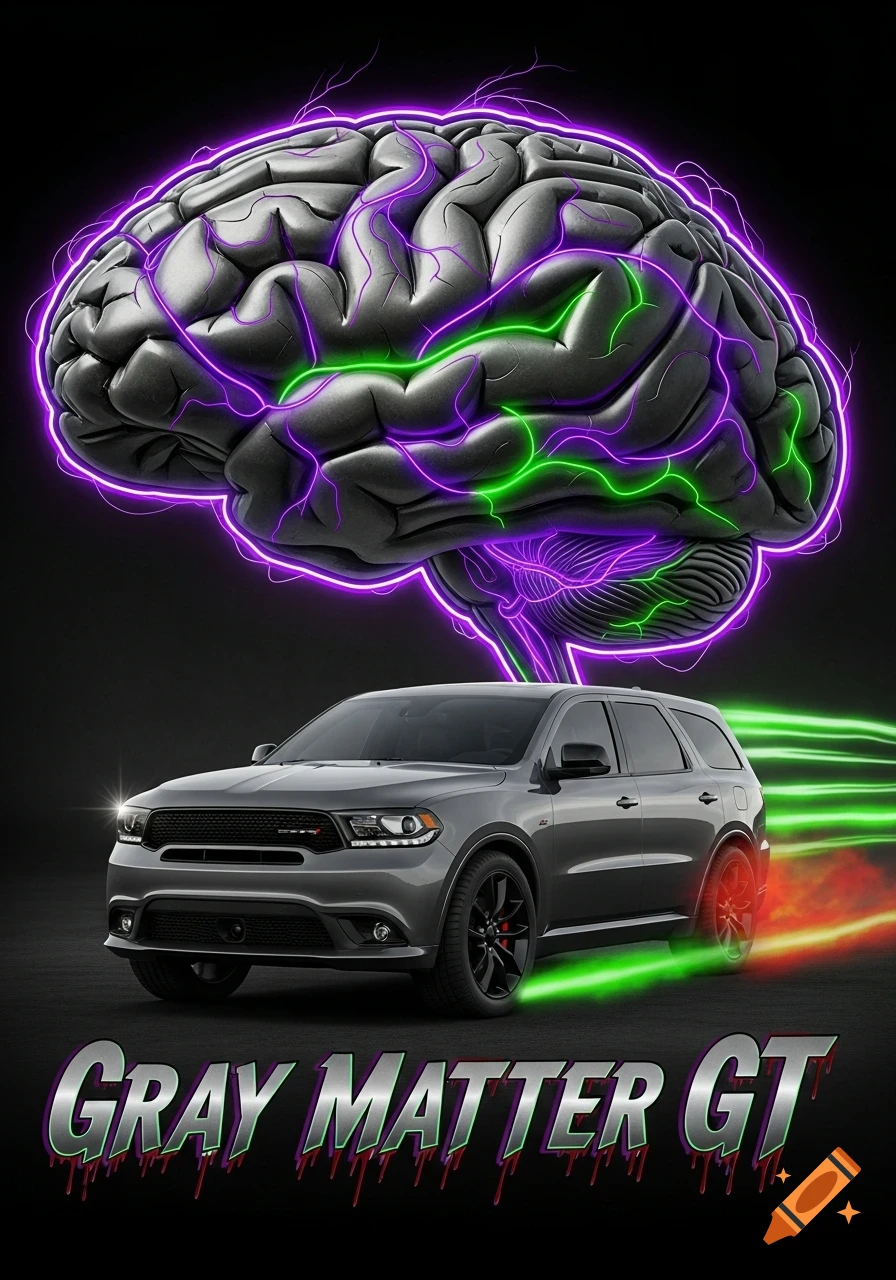 A gray Dodge Durango GT car beneath a glowing, neon purple and green brain with energy trails. Text reads 'GRAY MATTER GT'.
