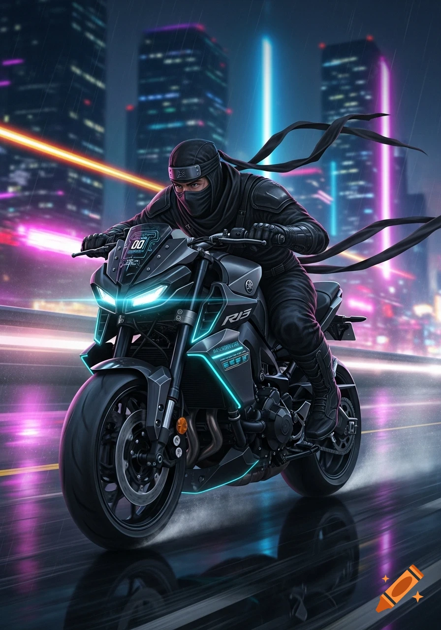 A black-clad ninja rides a sleek, futuristic black motorcycle with glowing blue accents through a neon-lit cyberpunk city at night.