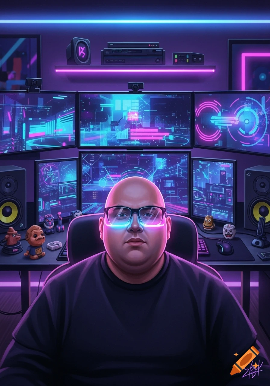 A bald man with square glowing glasses sits in a chair before multiple neon-lit screens displaying data in a cyberpunk room.