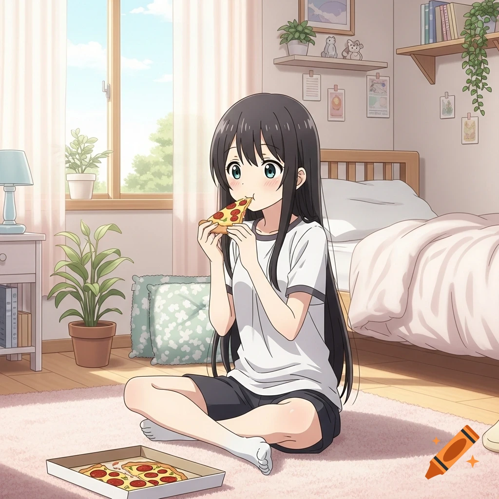 Anime girl with long dark hair sitting on a rug in a sunny bedroom, eating a slice of pizza from a box.