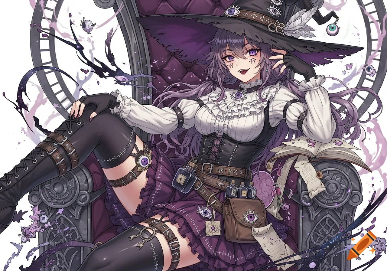 An anime-style female witch with purple hair, wearing a ruffled white blouse, black corset, and a plum skirt, lounging on a gothic throne.