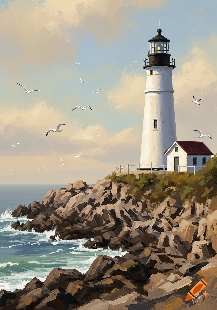 An expressive oil painting of a white lighthouse on rugged rocks beside a choppy ocean, with seagulls flying under a cloudy sky.