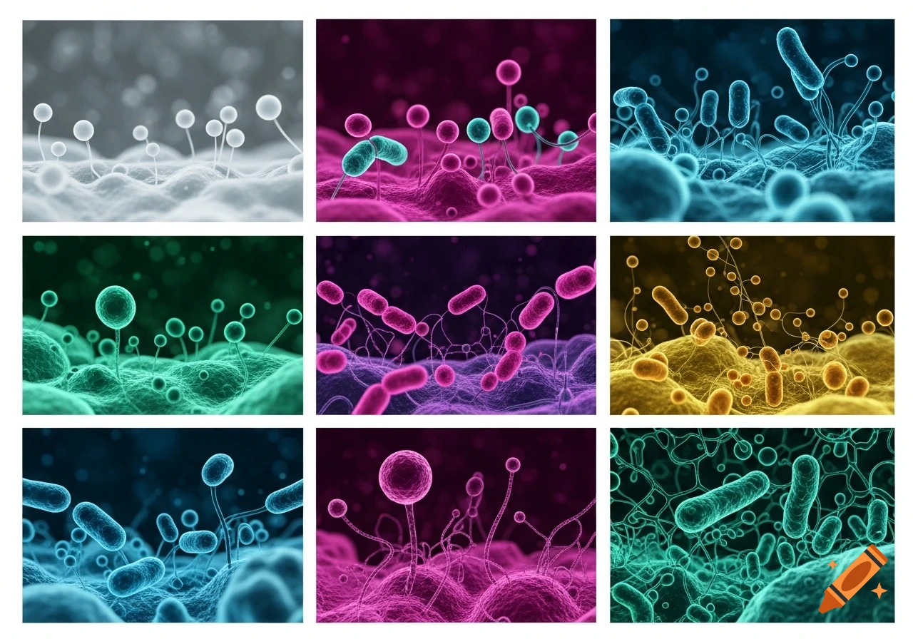 A grid of nine vibrant, detailed microscopic views of diverse microbial life forms, including bacteria and fungi, in various colors and textures.