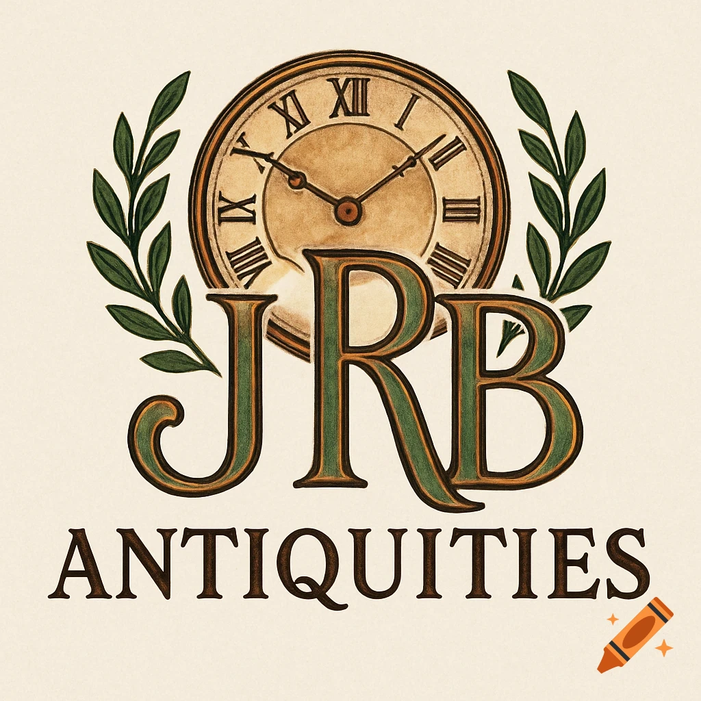 A vintage-style logo for JRB Antiquities featuring a clock, olive branches, and ornate green text.