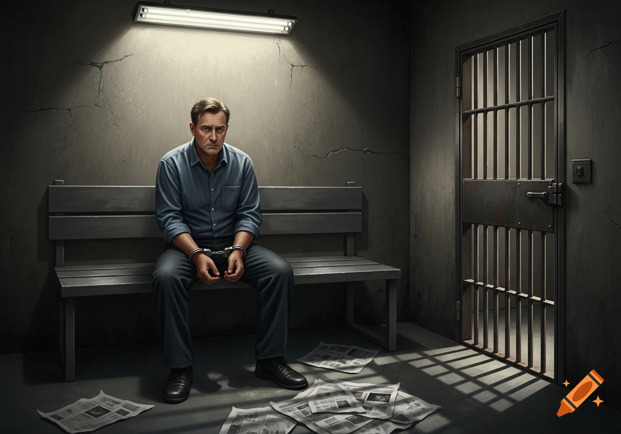 A man in a blue shirt and dark pants sits on a bench in a dimly lit jail cell, his hands cuffed.