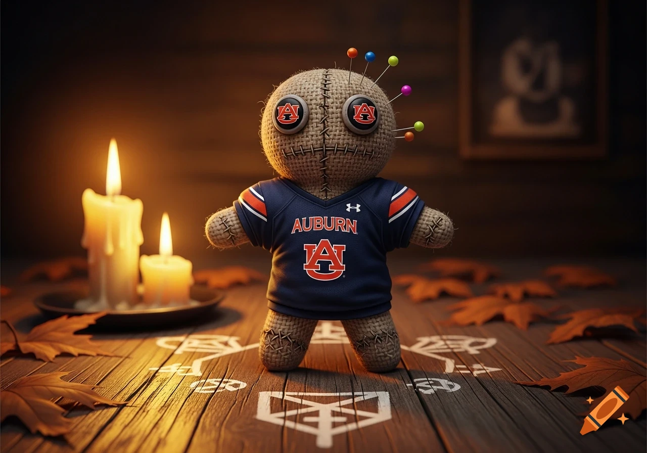 A burlap voodoo doll in an Auburn football jersey, with colorful pins, stands on a wooden table with fall leaves and lit candles in a dark, atmospheric room.