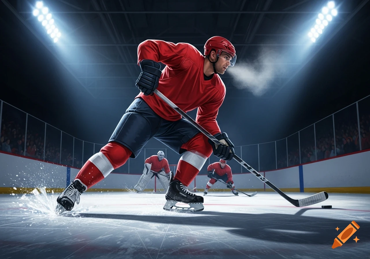 A hockey player in a red jersey skates on an ice rink, kicking up ice, with other players and fans in the background under bright arena lights.
