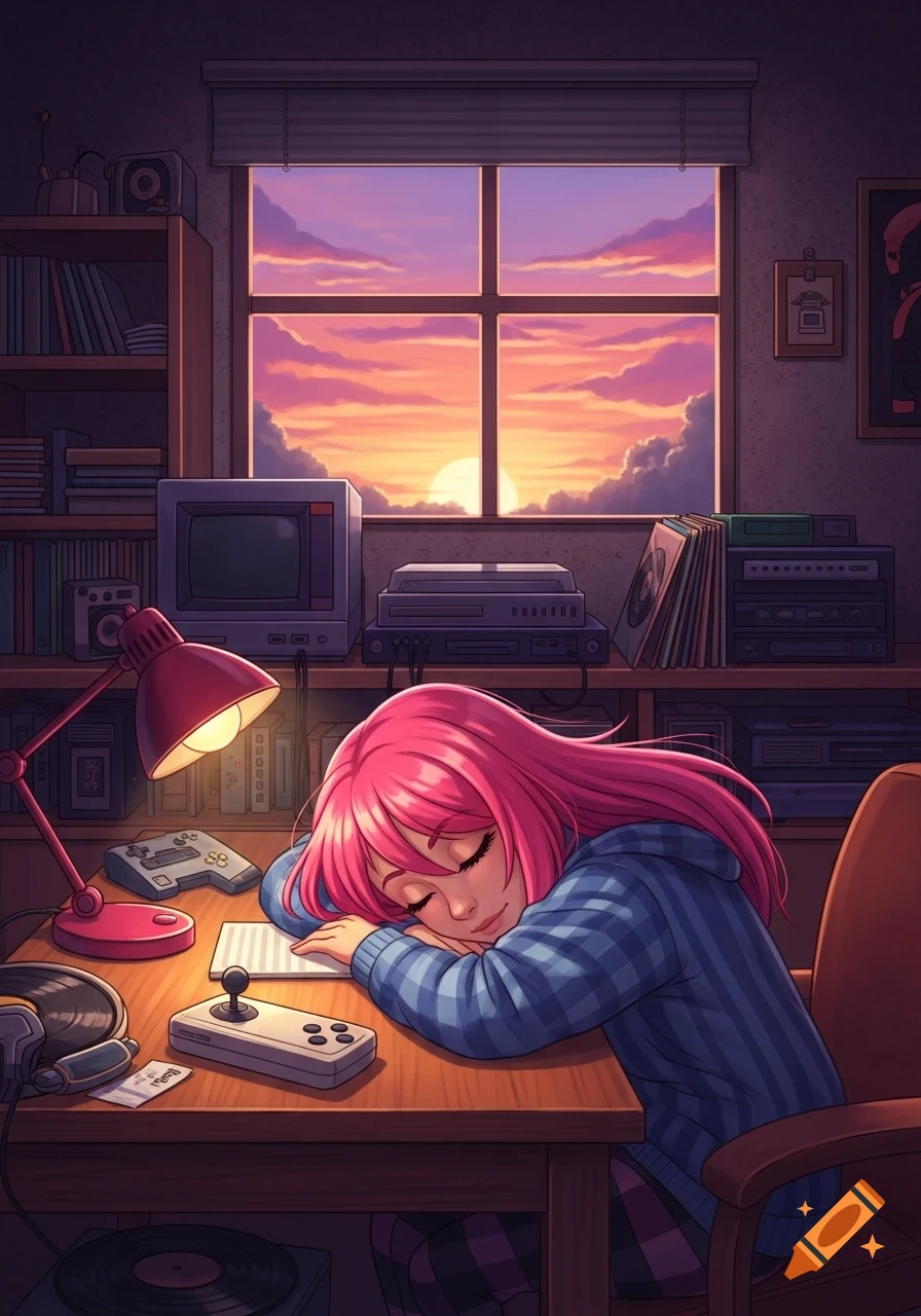 Anime girl with pink hair sleeping on a desk in a lofi room with a sunset visible through the window.