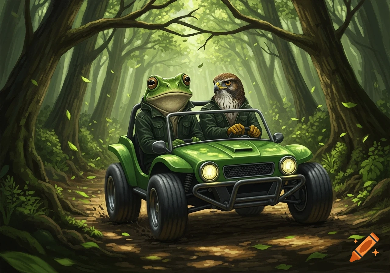 An illustrated frog and a hawk wearing dark green jackets drive a green off-road buggy through a lush, sun-dappled forest.