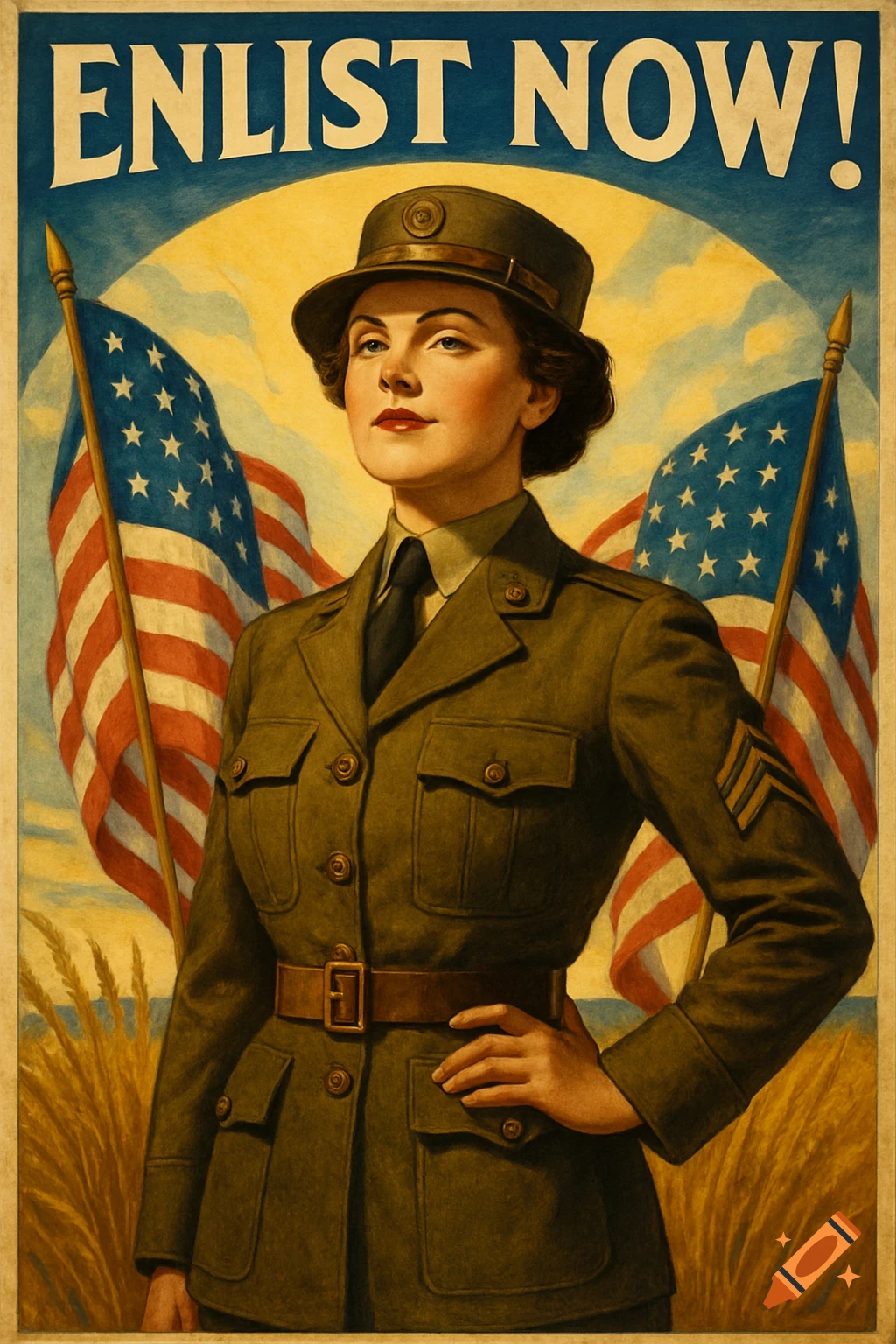 Vintage propaganda poster of a resolute woman in a WWI military uniform, flanked by American flags, with 'ENLIST NOW!' at the top.