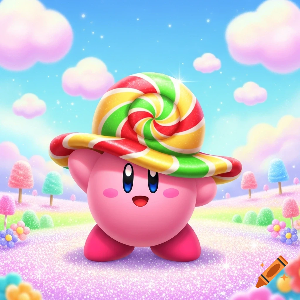 Pink Kirby wearing a colorful swirl lollipop hat stands in a sparkly, pastel candy land with fluffy clouds and lollipop trees.