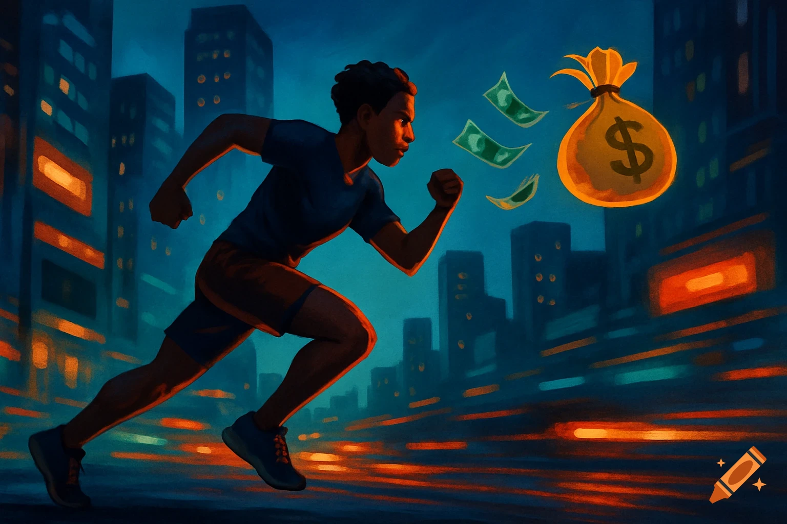 A person runs through a stylized city at night, chasing a floating bag of money and dollar bills.