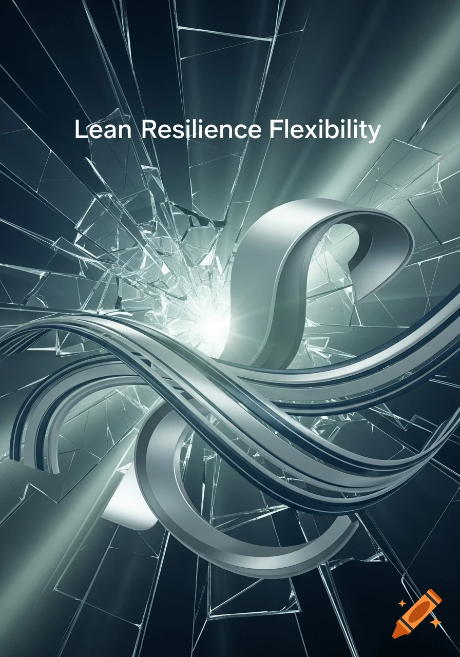 Abstract digital art featuring intertwining silver metallic ribbons amidst shattered glass, with text 'Lean Resilience Flexibility'.