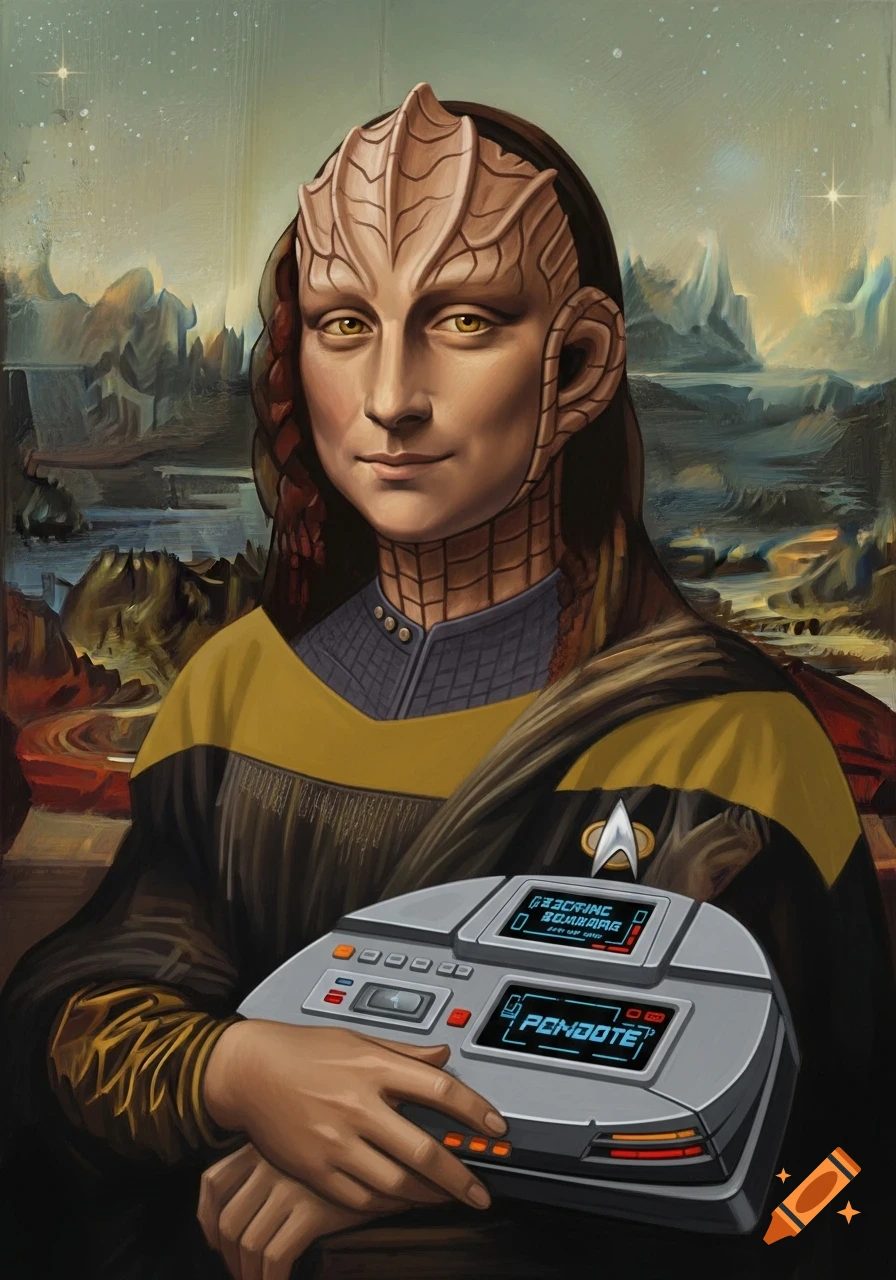 A Star Trek-themed Mona Lisa with alien ridges and golden eyes, wearing a Starfleet uniform, holding a tricorder, in a classical painting style.