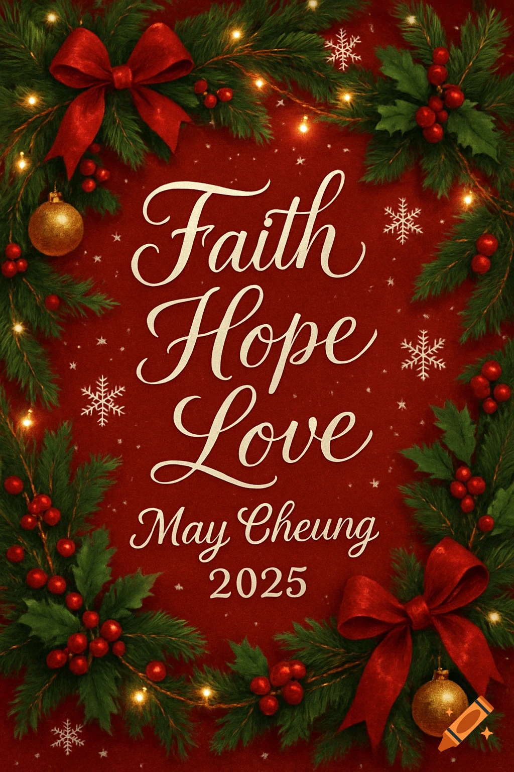 Christmas greeting card with red background, green wreath, red bows, berries, gold ornaments, and fairy lights. White script reads 'Faith Hope Love May Cheung 2025'.
