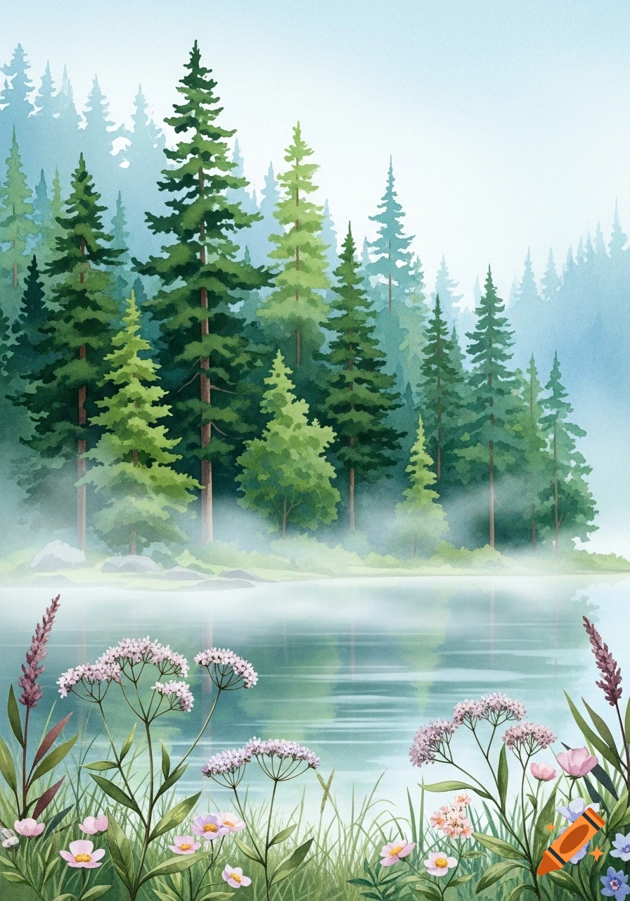 Watercolor landscape with dense pine trees, a misty lake reflecting the ...