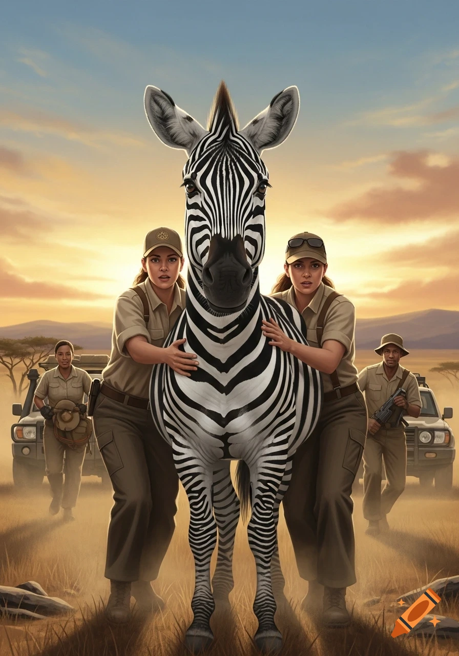 Two women gently hold a zebra in a dusty savanna at sunset, with safari vehicles and people in the background.