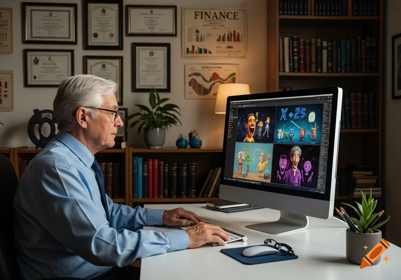 A senior man in a blue shirt and tie works on a computer in a home office, displaying various cartoon images on the screen.