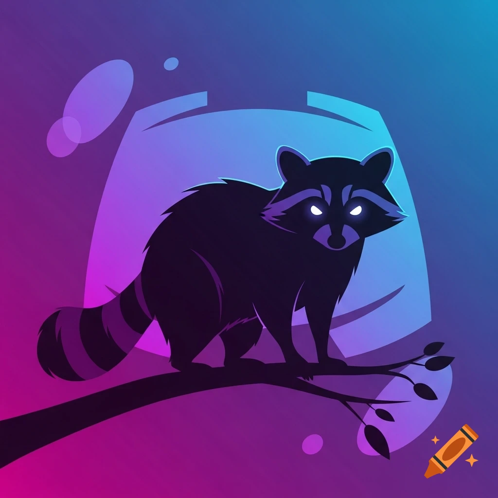 Stylized digital illustration of a raccoon silhouette with glowing eyes on a tree branch, against a purple and blue gradient background with a Discord-like symbol.