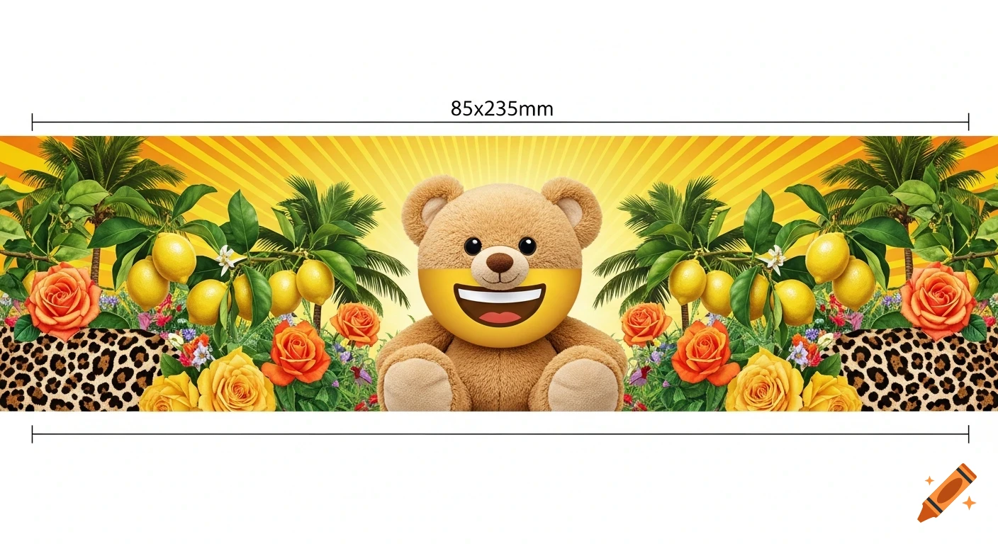 Smiling emoji-faced teddy bear amidst lemons, palm trees, orange and yellow roses, and leopard print on a sunburst background, marked '85x235mm'.