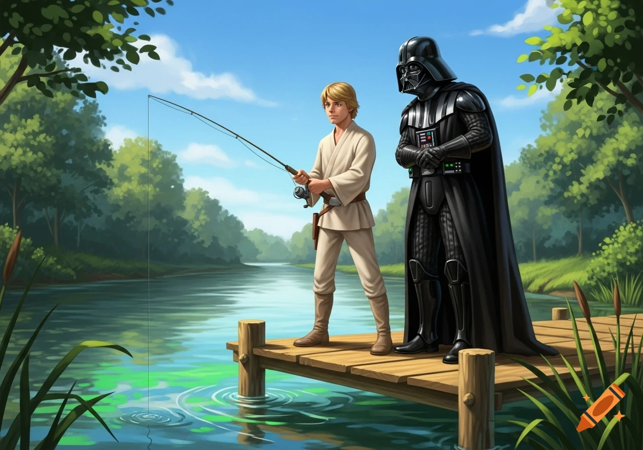Luke Skywalker and Darth Vader fishing from a wooden pier in a river surrounded by lush green trees, in a vibrant illustration style.