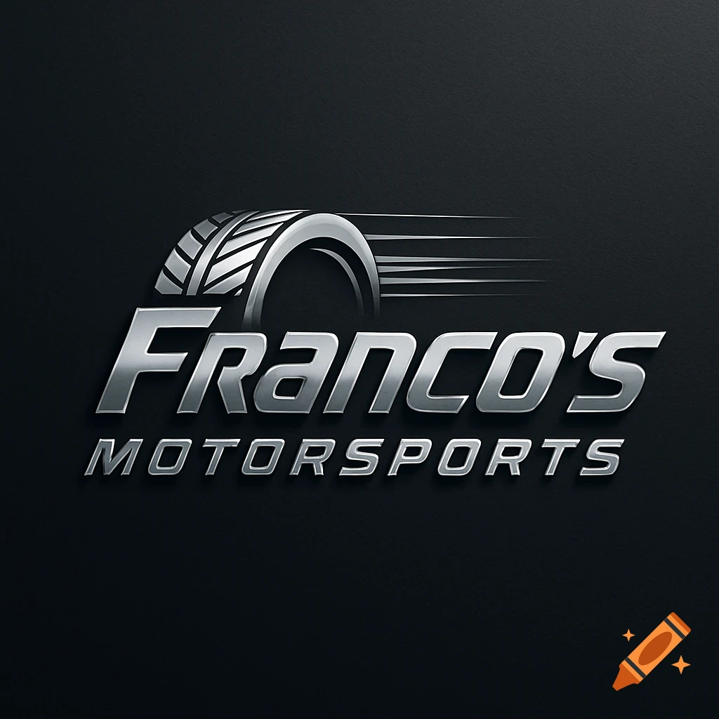 A sleek silver metallic logo for "Franco's Motorsports" featuring a stylized tire with speed lines, on a dark textured background.