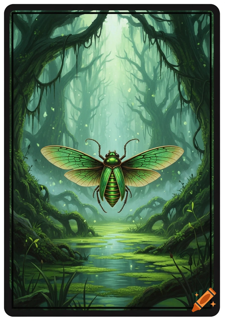A vibrant green beetle with open wings floats above a misty swamp filled with gnarled trees and glowing particles, in a fantasy card art style.