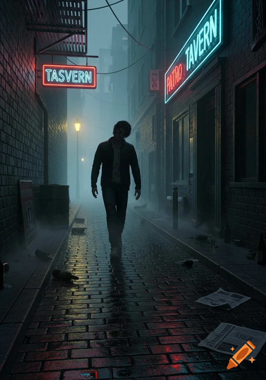A man walks down a dark, misty urban alley illuminated by neon signs and streetlights, with bottles and newspapers on the wet pavement.
