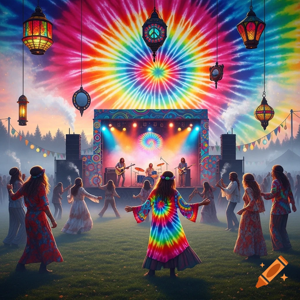 A vibrant psychedelic music festival scene with people dancing in a field to a band on a brightly lit stage under a tie-dye sky with hanging lanterns.