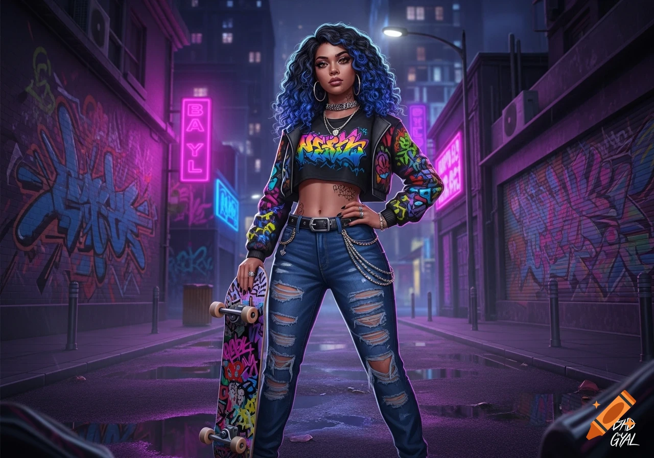 A stylized woman with blue curly hair, a colorful crop top, ripped jeans, and chains stands in a neon-lit alley holding a skateboard.