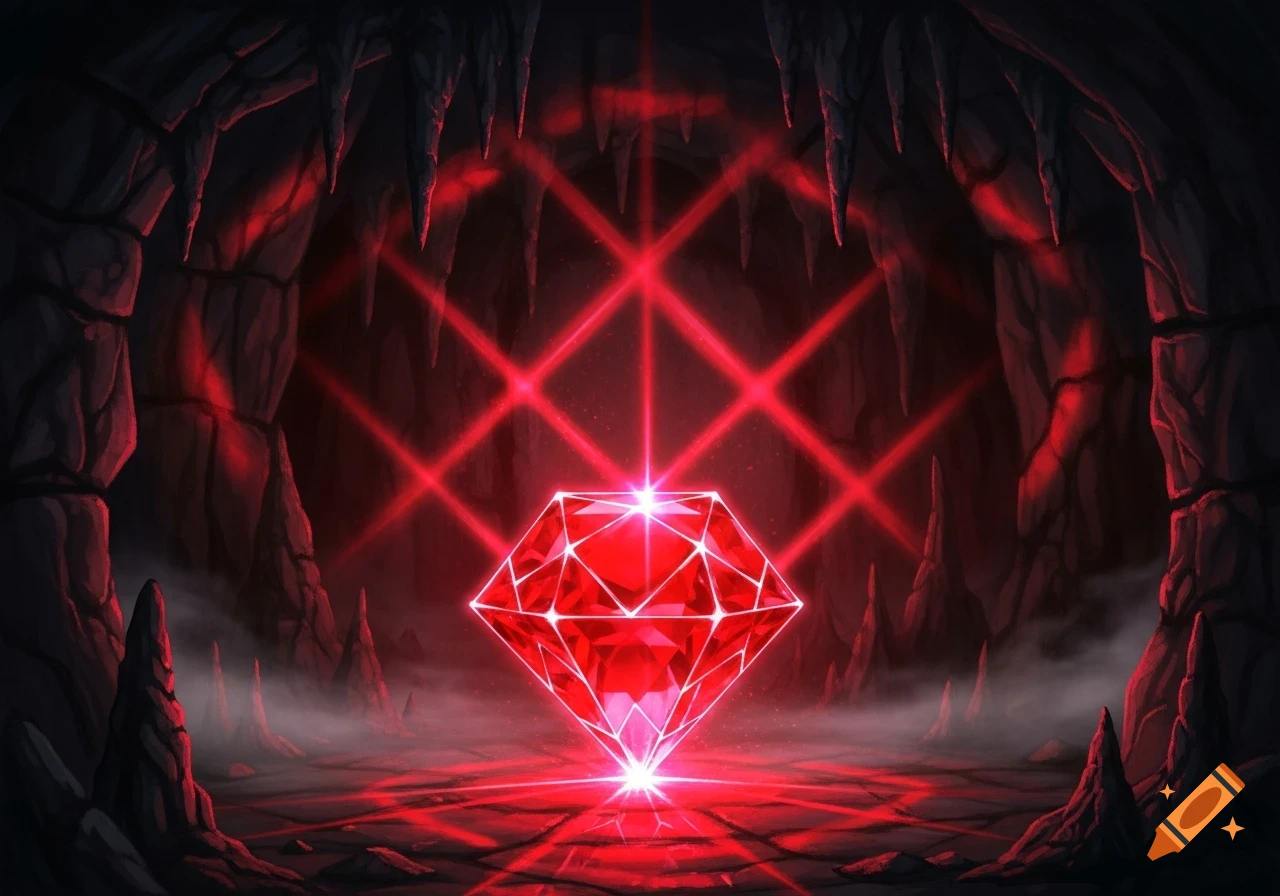 A glowing red gem sits in a dark, misty cave, with intersecting red laser beams above and reflecting on the ground.