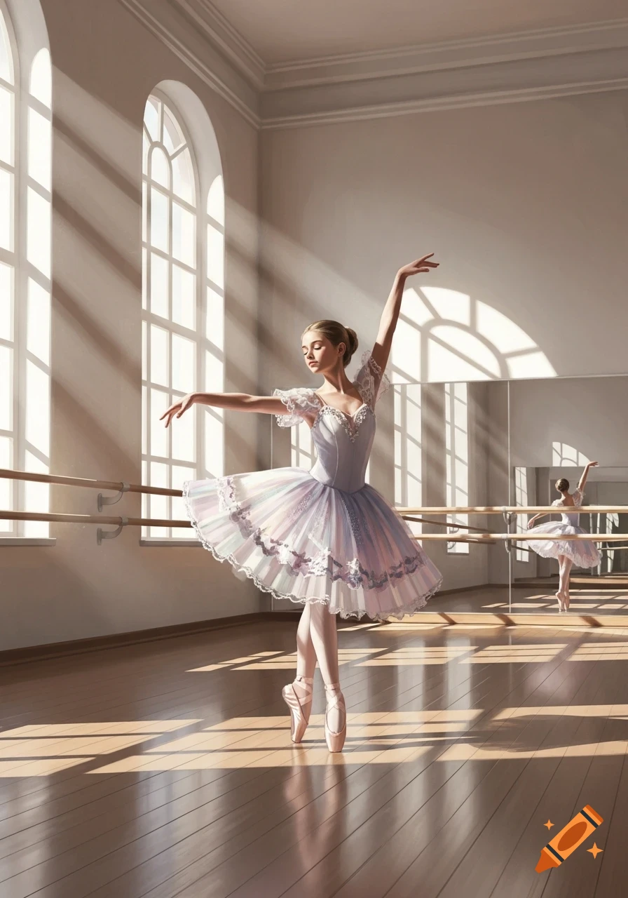 A ballerina in a light purple tutu practices in a sunlit ballet studio with large windows and mirrors.