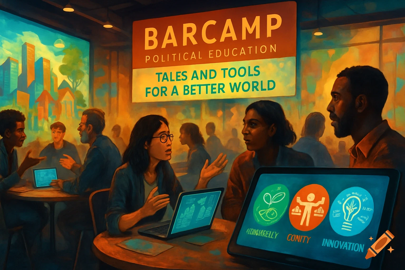 People gathered at a BarCamp for political education, discussing at tables with laptops, under a sign reading "BARCAMP POLITICAL EDUCATION TALES AND TOOLS FOR A BETTER WORLD" in a stylized, painterly aesthetic.