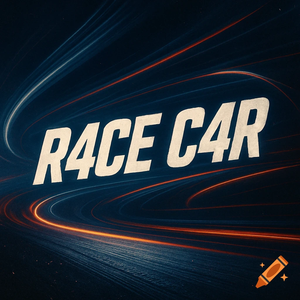 Stylized album cover with bold white text "R4CE C4R" over a dark background with blue and orange light trails, evoking speed.