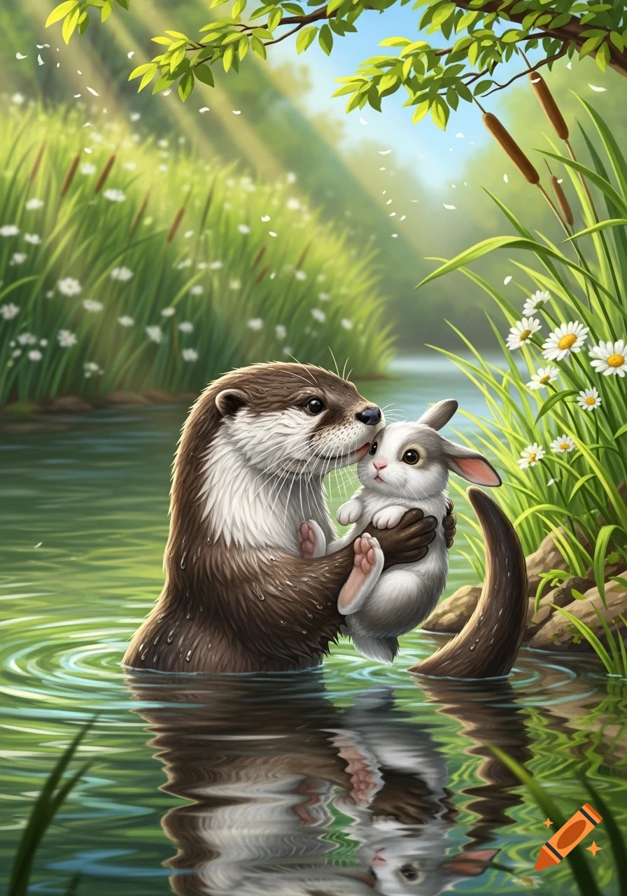 Otter Color Rabbit A detailed illustration of a brown otter holding and nuzzling a small ...