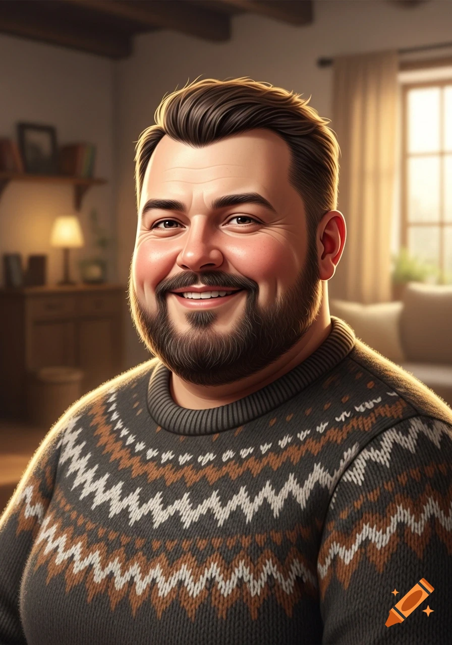 Stylized portrait of a smiling man with a beard wearing a patterned sweater, in a warmly lit room.