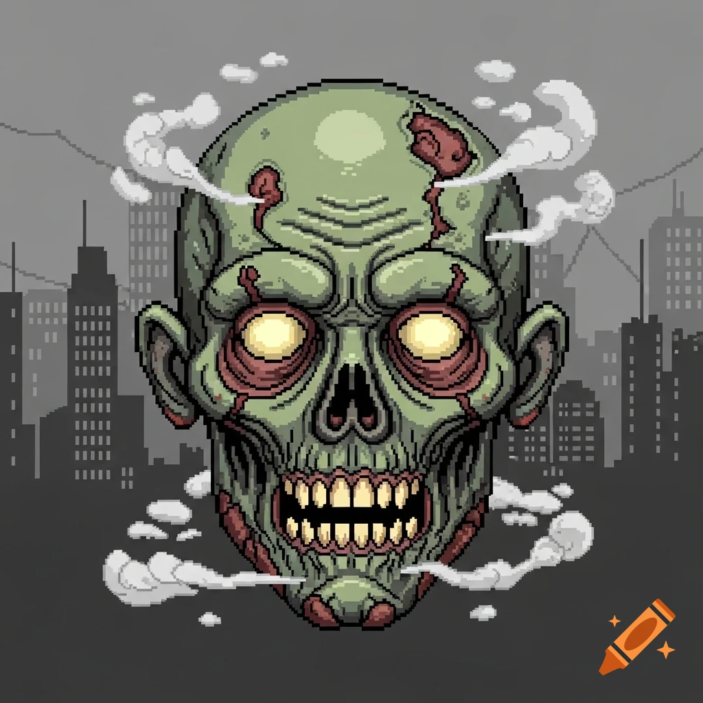 A pixel art zombie head with glowing eyes, exposed teeth, and decaying skin, set against a dark city skyline.