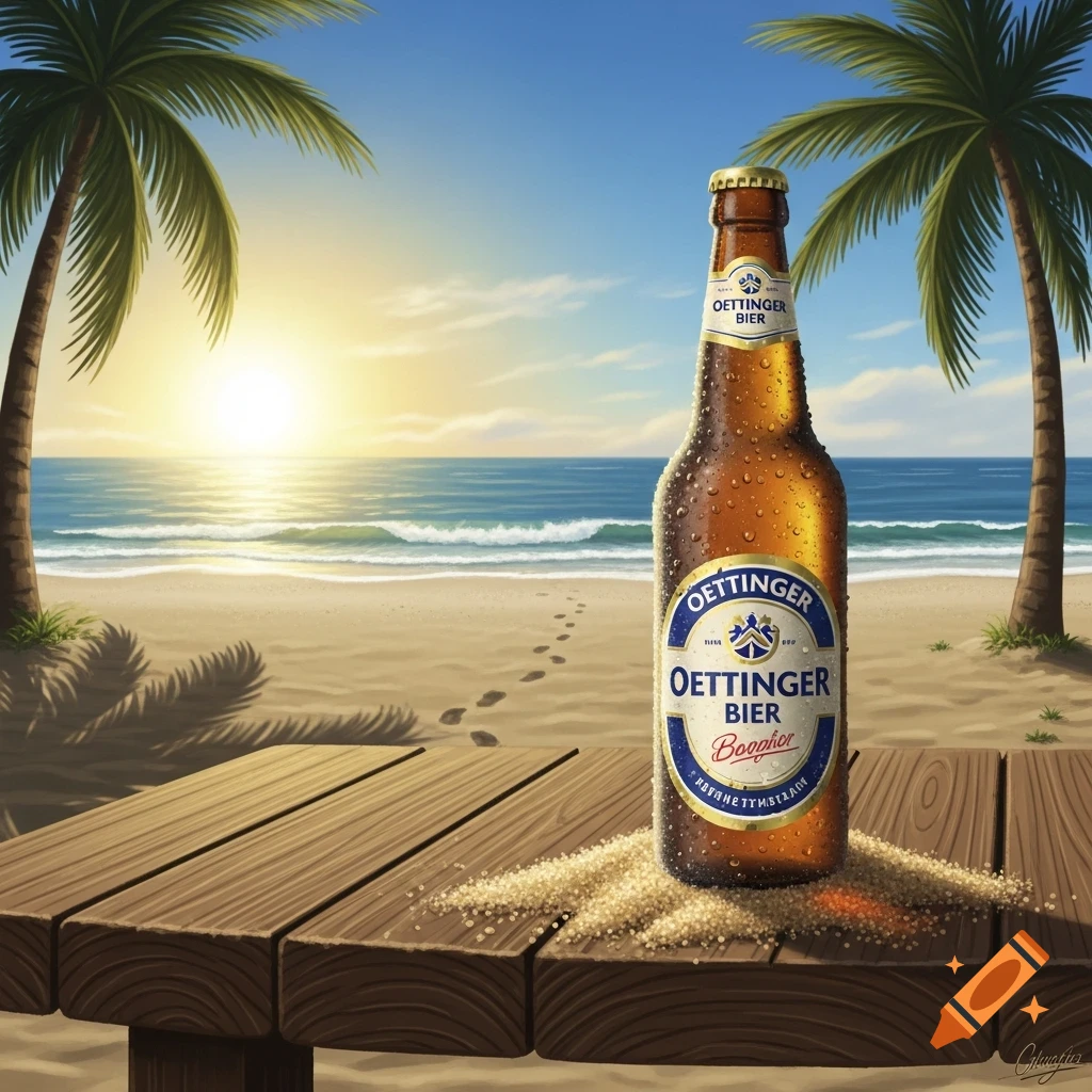 A cold Oettinger beer bottle with condensation on a wooden table at a sunny beach with palm trees and an ocean sunset.