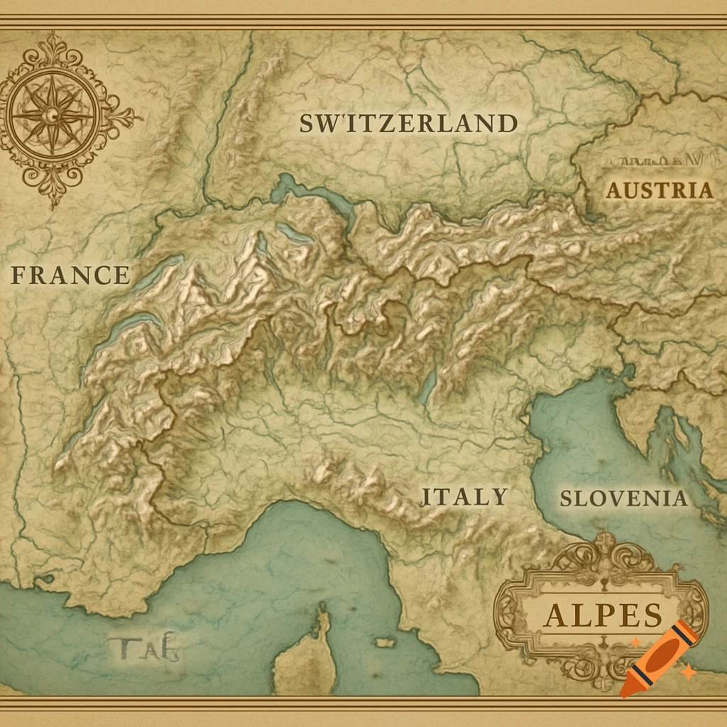 A detailed antique-style relief map of the Alps region, showing France, Switzerland, Austria, Italy, and Slovenia.