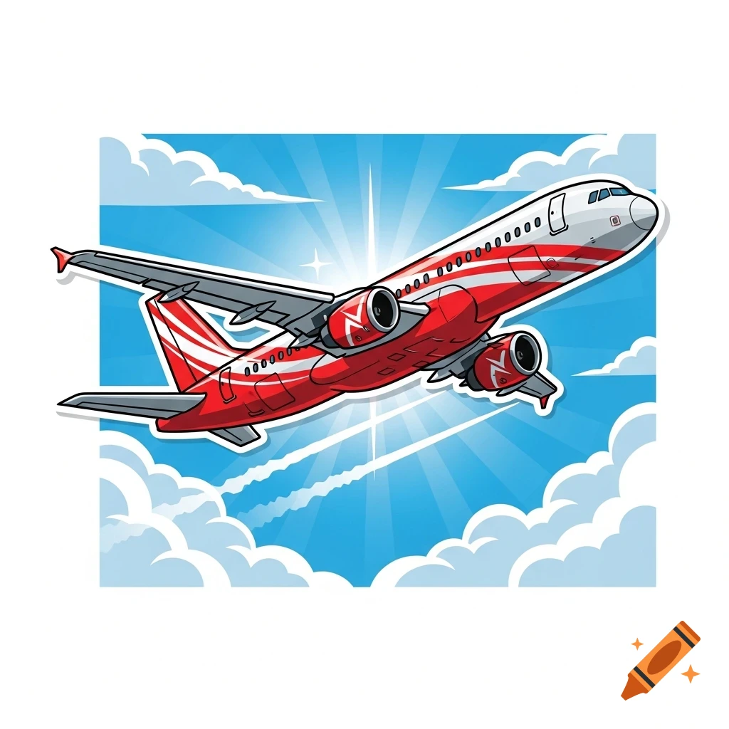 Red and white cartoon airplane flying upwards through a blue sky with clouds in a sticker style.