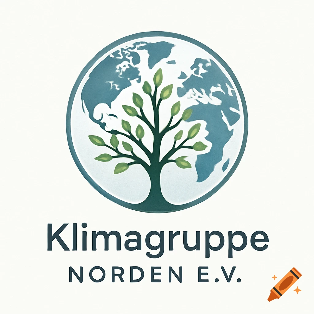 Logo with a green tree growing from a blue globe, and text 'Klimagruppe NORDEN E.V.'