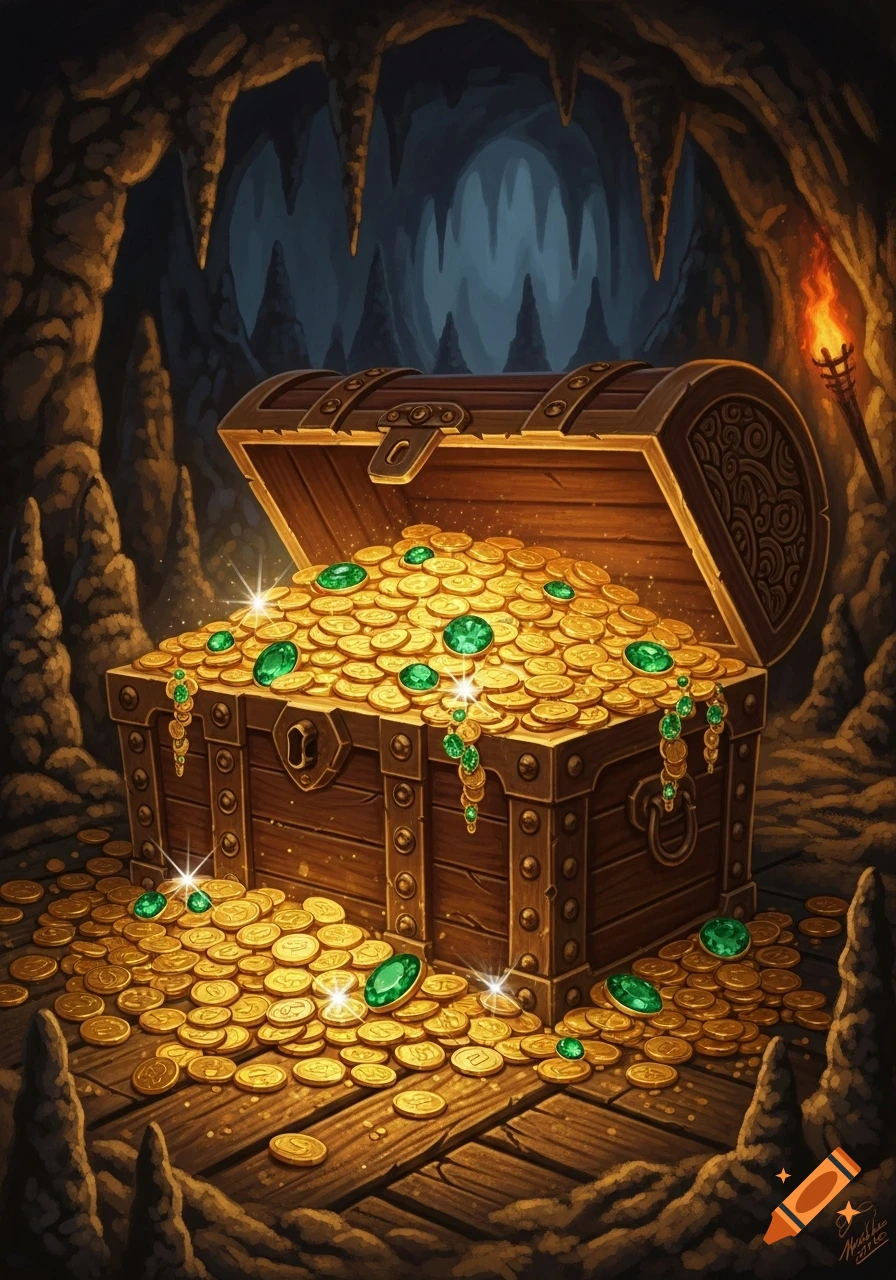 An open wooden treasure chest overflowing with sparkling gold coins and green emeralds inside a dimly lit cave, rendered in a detailed illustration style.
