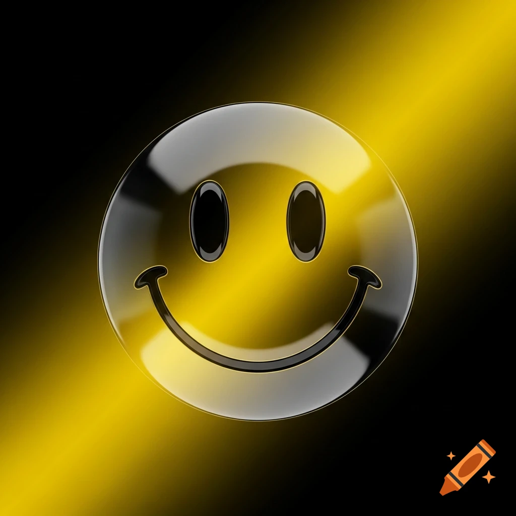 A shiny chrome black and yellow smiley face with reflective surfaces, illuminated by a yellow light ray on a dark background.