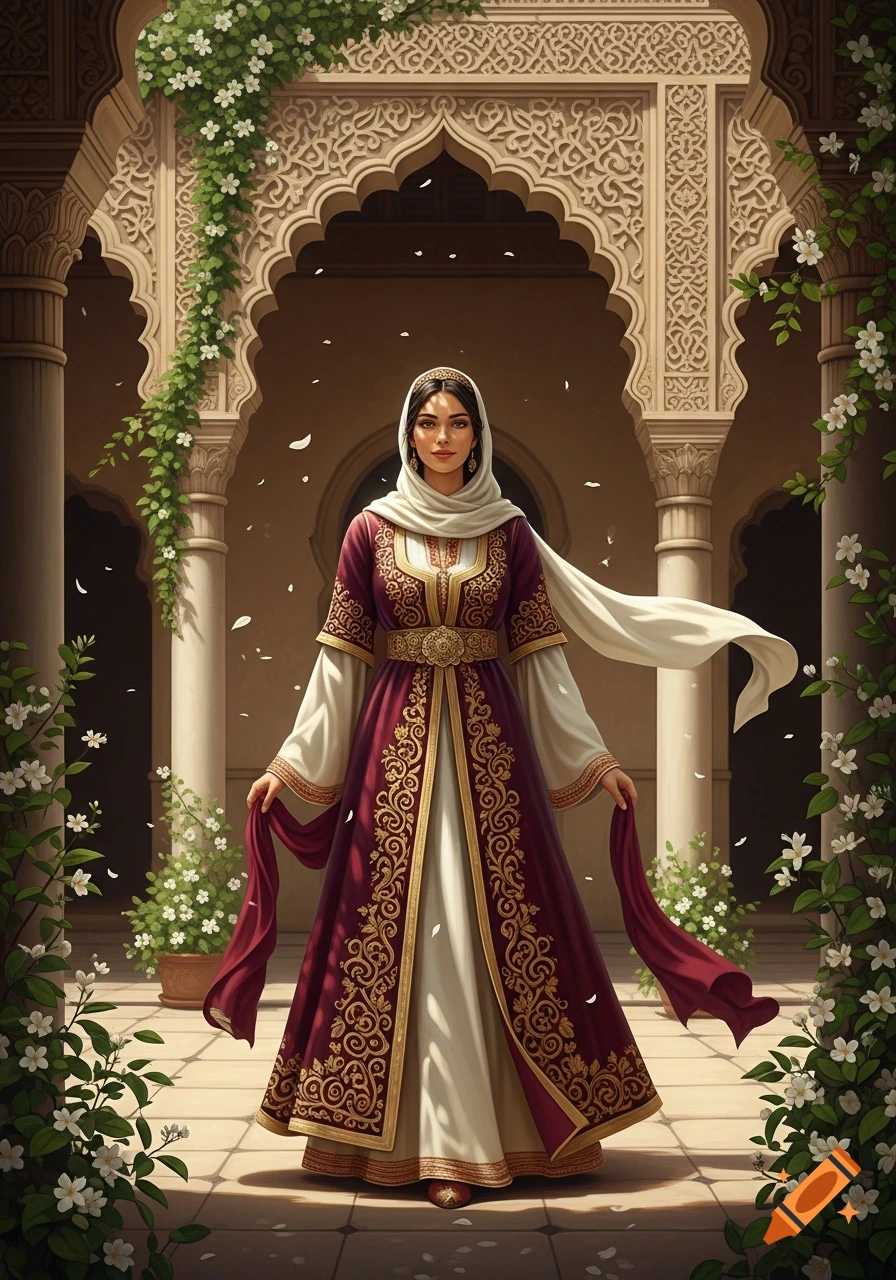 A woman in a white headscarf and ornate maroon and gold dress stands in an arched stone courtyard with jasmine vines.