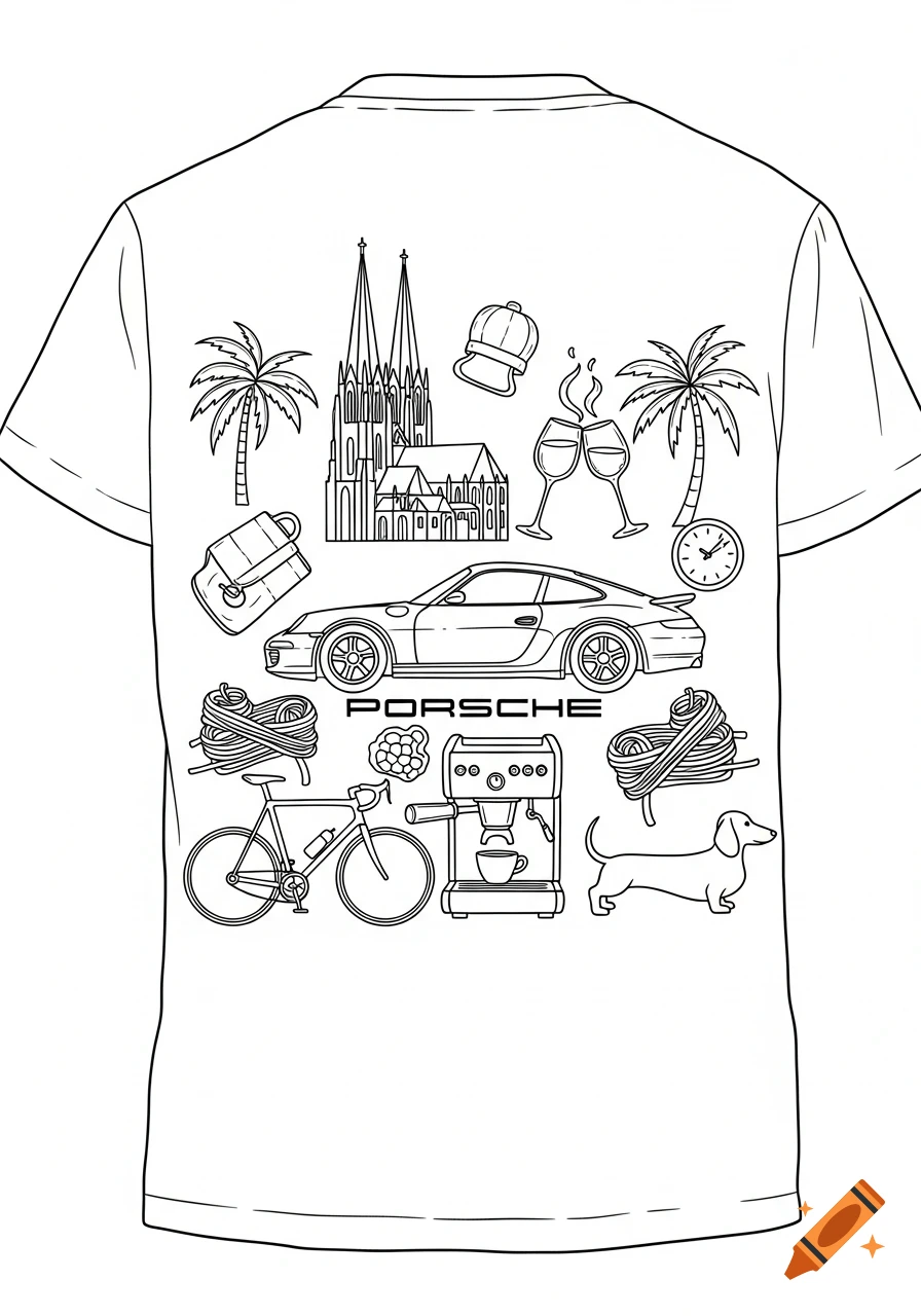 Line art doodles on a white t-shirt, featuring a Porsche car, cathedral, palm trees, wine glasses, a bag, spaghetti, a racing bike, a coffee machine, and a dachshund.