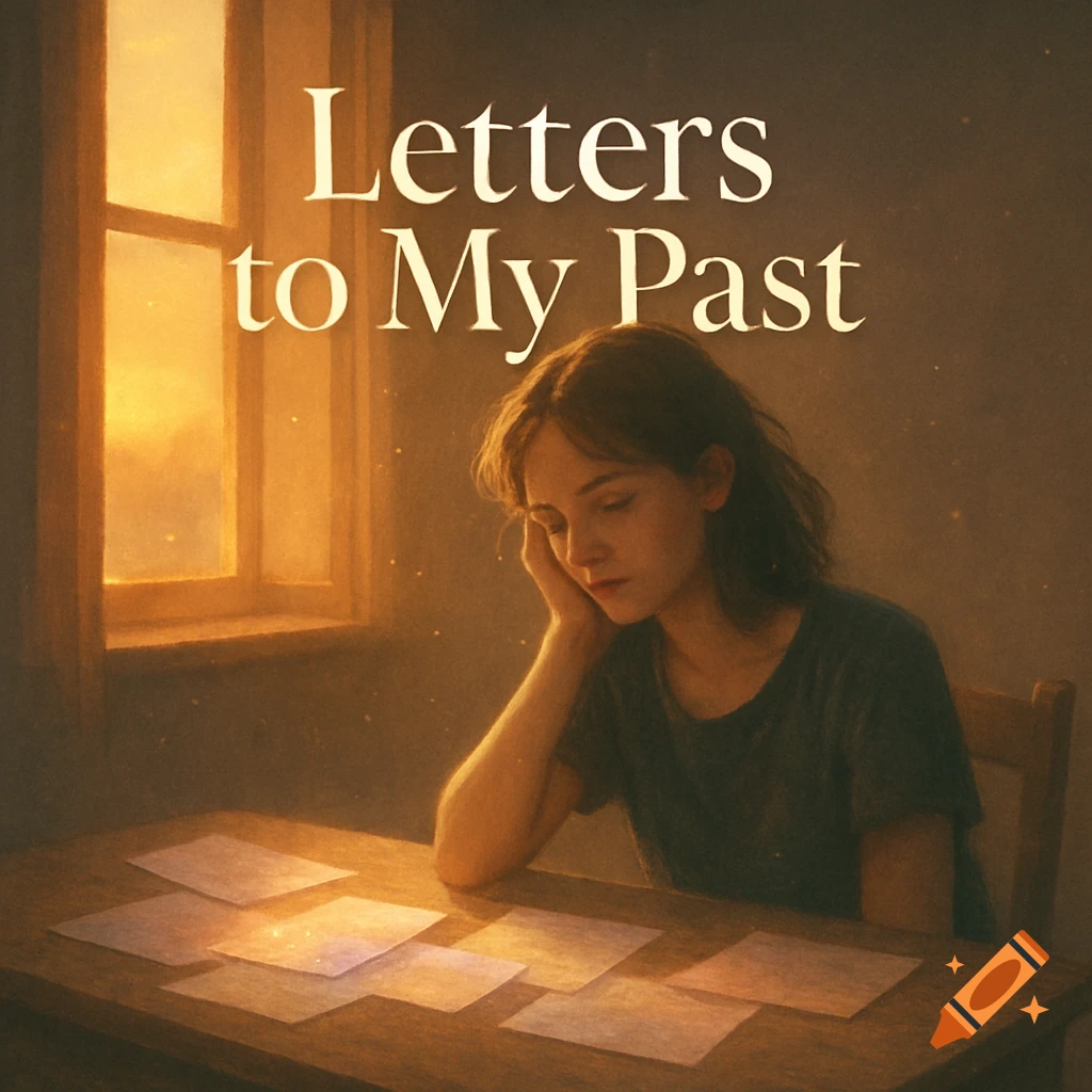 A young woman sits contemplatively at a desk with glowing letters, bathed in warm sunset light. Text 'Letters to My Past'.